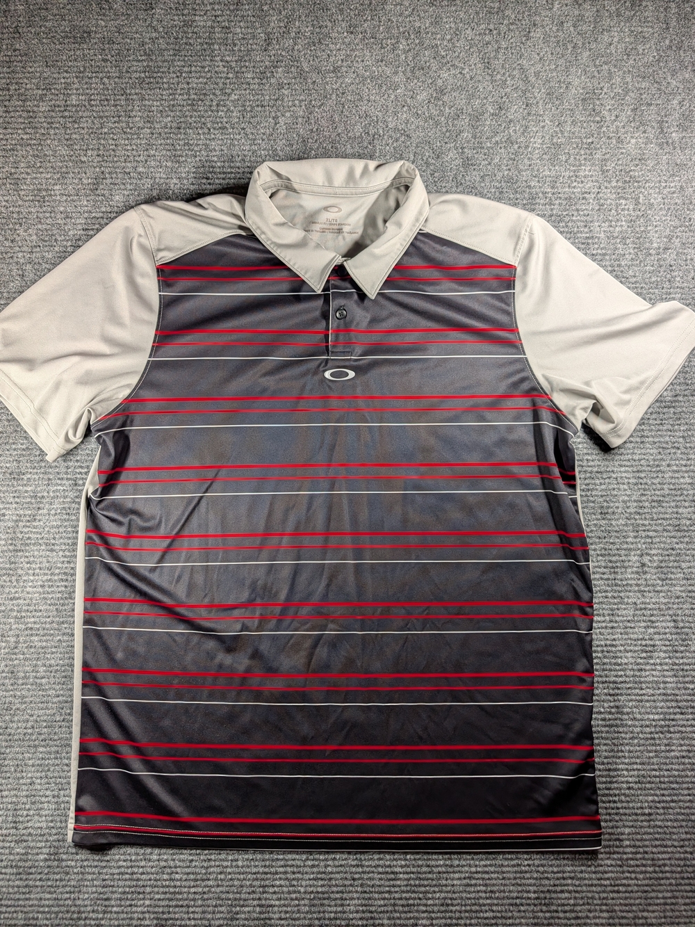Oakley Performance Polo Tan, Red & Black Striped Short Sleeve Men's XL